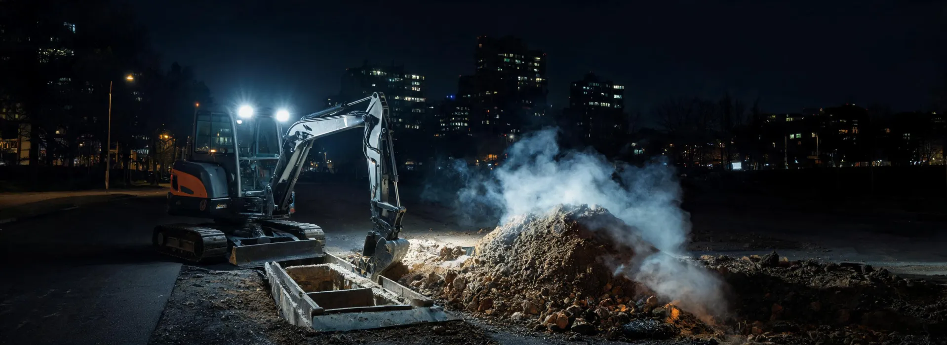 Night utility trench with Yanmar excavator floodlights