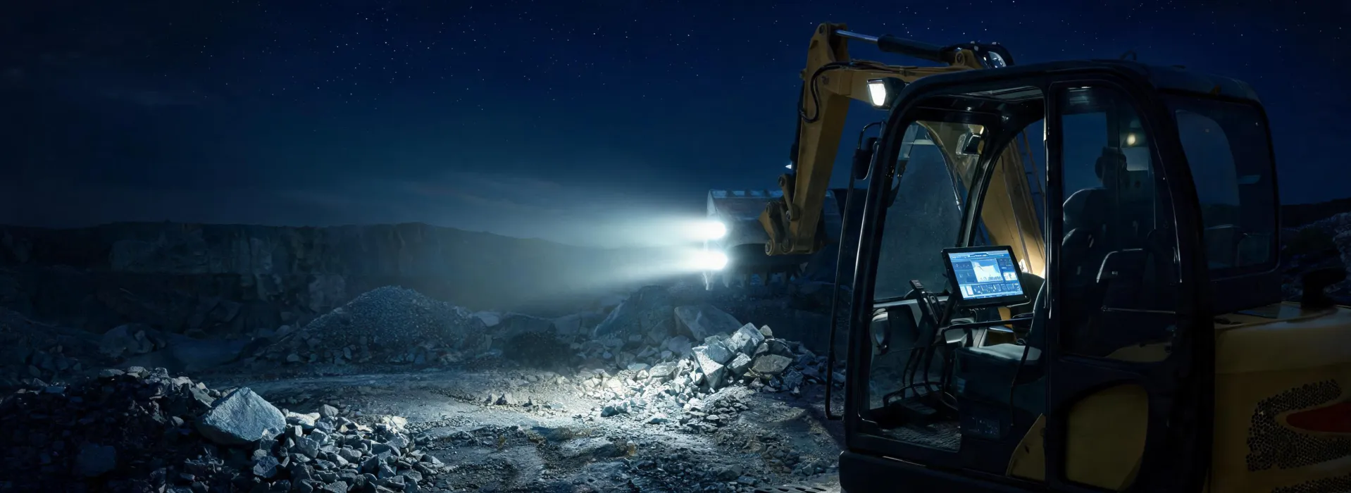Night quarry with excavator headlights and telematics tablet